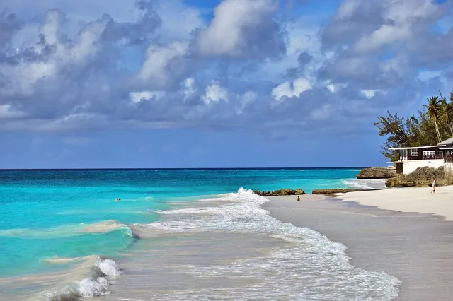 White sand and turquoise sea on the coast of Barbados.