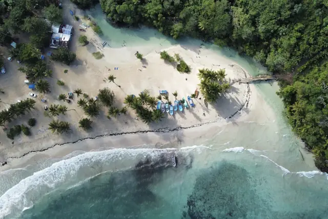 An aerial view of Playa Rincón and the river at Samaná, Dominican Republic