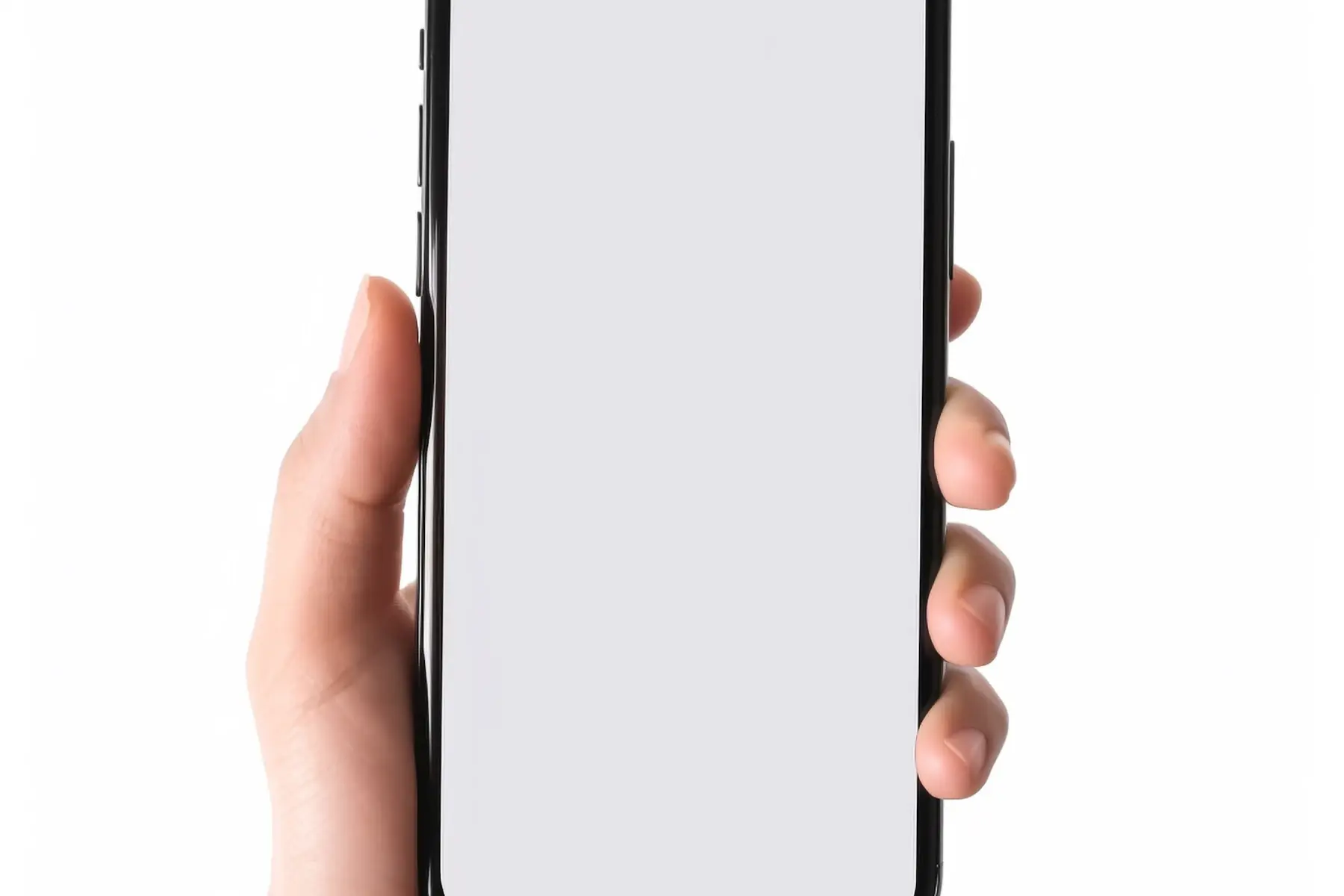 A hand holding a smartphone with a blank screen